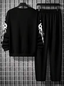 Men's Fashionable Graphic & Letter Print Crew Neck Pullover Sweatshirt Set - Multicolor - View 5