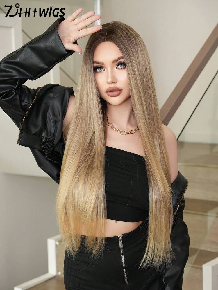 34 Inch Ombre Blonde Wigs For Women Super Long Straight Wigs, Elegant Fluffy Without Bangs Middle Part Wig,Very Soft Synthetic Heat Resistant Fiber Hair, Beautiful Full Machine Hair Wig Suitable For Fashion Girls Daily,Anime Or Costume Cosplay Decoration,Music Festival Dance Party Street Wear Use, Mother's Day Gifts - Linen Gold - View 1