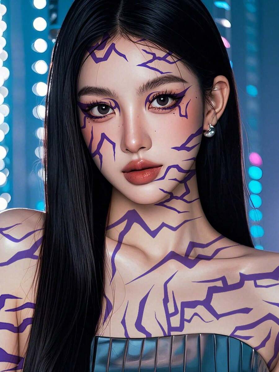 4PCS COS Disposable Sticker Demon Boy Band Girl Kpop Group Purple Birthday Party Festival Partys Dress Up Prop The Whole Body Laser Lightning Stickers - Multicolor Random - View 1