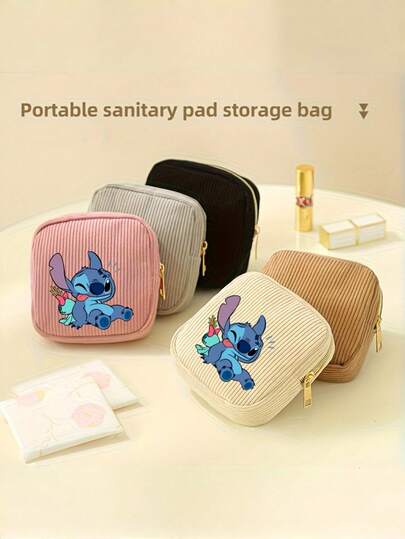 史迪奇卫生巾和化妆品收纳包 - 可爱的史迪奇设计拉链袋，男女通用便携化妆包，旅行必备化妆品收纳包，带安全拉链，粉丝完美礼物，化妆旅行必备