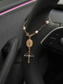 1pc Steering Wheel Decor, 15cm Adjustable Length, Minimalist, Cute, Creative Rosary Beads Car Pendant Accessory, Unique Fashion Car Hanging Decoration - White Oval Disc With Black Border and Cross - a - View 3