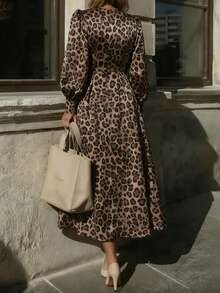 Casual Women's Midi Leopard Print Dress, Deep V-Neck, Long Sleeve, Zipper Detail, A-Line Flared Woven Fabric