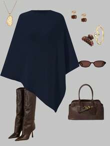 Ladies Solid Cowl Neck Knit Poncho, Fall Winter Versatile Outerwear - Navy Blue - View 6