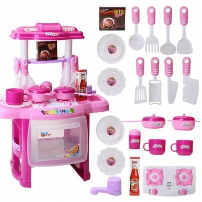 Nuevo modelo de juego de simulación de hogar para niños: Cocina simulada con luces y música, utensilios de cocina para niñas, mesa de vajilla. Juguete de simulación de cocina con luces, música y utensilios de cocina, juguete educativo. Regalo ideal para festividades/cumpleaños/Navidad para niños. Cocina infantil para niñas con luz y sonido, 24 piezas de decoración de habitación