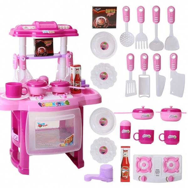 Nuevo modelo de juego de simulación de hogar para niños: Cocina simulada con luces y música, utensilios de cocina para niñas, mesa de vajilla. Juguete de simulación de cocina con luces, música y utensilios de cocina, juguete educativo. Regalo ideal para festividades/cumpleaños/Navidad para niños. Cocina infantil para niñas con luz y sonido, 24 piezas de decoración de habitación