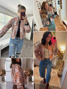 Women's Reversible Floral Quilted Jacket Cropped Puffer Cardigan Open Front Lightweight - 棕色 - 查看 3