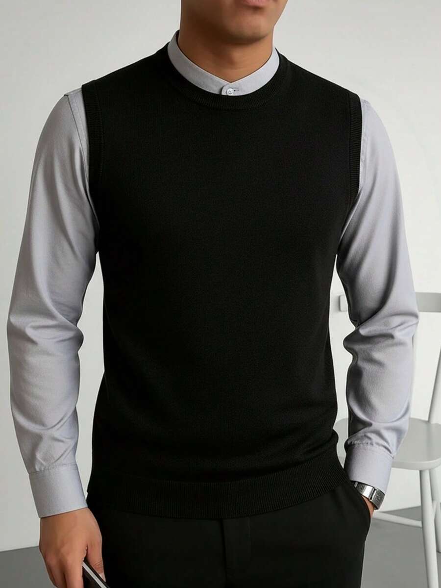 Herr höst/vinter klassisk rundhalsad tröjväst - Svart - Visa 1