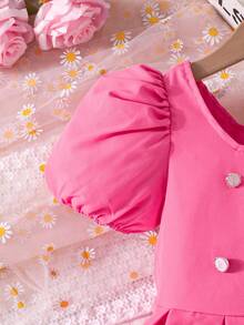 Summer Girls Cute Sweet Square Neck Puff Sleeve Dress With Hat - Hot Pink - View 4
