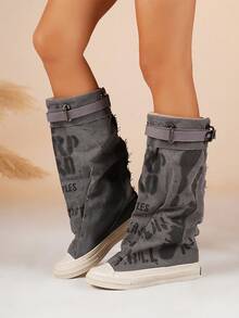 女士时尚黑色圆头厚底平底踝靴，秋冬季休闲帆布长靴 - 深灰色 - 查看 5