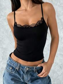 VIVINA Women's Summer Solid Color Lace Trim Splice Round Neck Fitted Camisole Top - Black - View 1