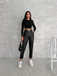 Black PU Tapered Carrot Pants, Women's, With Pockets, Belt And Zipper, Medium Stretch, Long Length, Suitable For Casual Wear - Black - View 3