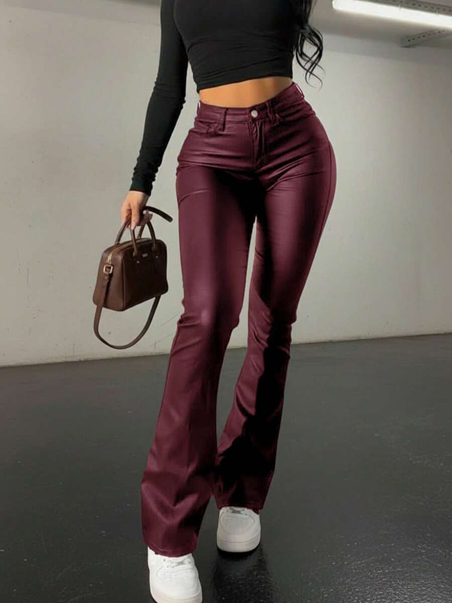 Plus Size Coated Faux Leather Bootcut Pants, Slimming And Elongating, Suitable For Spring And Summer - Burgundy - View 1
