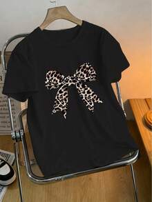 夏季上衣，女士夏季休闲圆领豹纹蝴蝶结印花黑色短袖 T 恤上衣，图案 T 恤女款