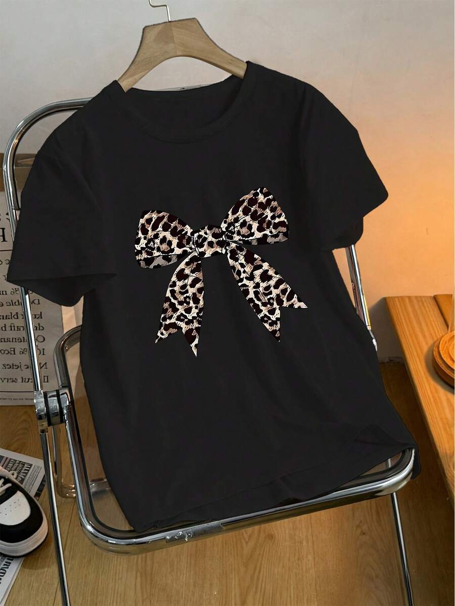 夏季上衣，女士夏季休闲圆领豹纹蝴蝶结印花黑色短袖 T 恤上衣，图案 T 恤女款