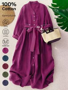 女式 V 领前开式休闲优雅长袖束腰连衣裙，秋季女式连衣裙 - 紫色 - 查看 1