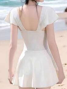 新款时尚连体泳衣，收腹提臀，设计保守，适合游泳、沐浴、学生假期穿着 - 白色 - 查看 4