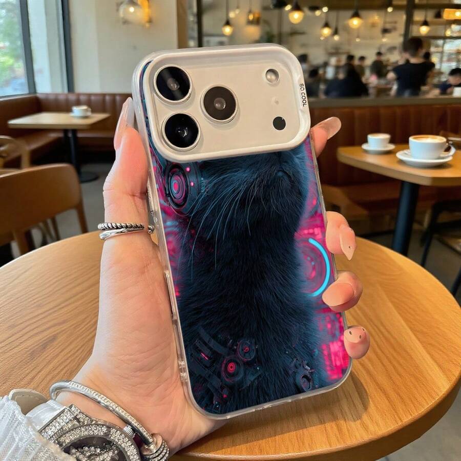 Funda de Teléfono Negra con Diseño de Gato Futurista y Luces Neón para iPhone 14 Pro Max y  Galaxy S23 Plus Adecuada para Todas las Estaciones Opción de Regalo Ideal - Negro - Ver 1