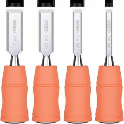 Juego de 4 Piezas de Cinceles de Madera GREBSTK, Acero CRV con Filo Biselado Afilado y Tapas de , Mango Cómodo de Haya, para Trabajos de Carpintería y Proyectos DIY, 95"X(1/4", 1/2", 3/4", 1")