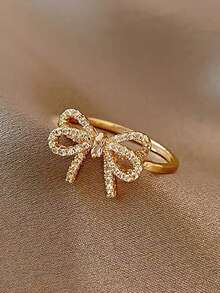 5pcs Elegant, Delicate, Gentle Geometric Bow, Star, Moon Faux Pearl Zirconia Inlaid Copper Ring Set, Unique Niche High-End, Suitable For Daily Commute, Events, Parties, Holidays, Fashion Gift - Yellow Gold - View 7