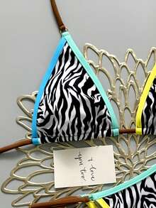 2pcs/Set Women's Summer Beach Outfit, Random Zebra Print Cropped Top And Bikini Bottoms, Contrast Color Coordination, Bohemian Backless Tie Strap Beach Swimwear, Suitable For Spring, Summer, Easter, St. Patrick's Day, Going Out, Graduation, Elegant Vacation - Multicolor - View 11