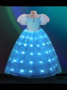 Girls Princess LED Dress Princess Dressing Up Clothes With Blue Cape (Battery Not Included) - Blue - View 4