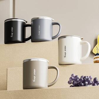 1Pc 400ml 304 Stainless Steel Coffee Mug With Lid&Handle, Portable Sealed Leak Proof Double Wall Water Cup, Insulated Anti Scalding Drinking Cup, Reusable Double-Layer Tea Milk Coffee Cup, Suitable For Students And Adults To Use In School, Office, Travel, Outdoor Camping, Picnic