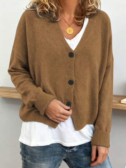 Women's Fashion V-Neck Button-Up Cardigan Sweater, Casual Long Sleeve, Minimalist Style, Suitable For Layering, Relaxed & Countryside Vibe, Autumn/Winter