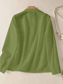 女士趣味猫咪印花V领衬衫，纽扣前襟长袖衬衫，带假口袋，适合秋冬春季办公室、休闲、日常及居家穿着。 - 綠色 - 查看 6