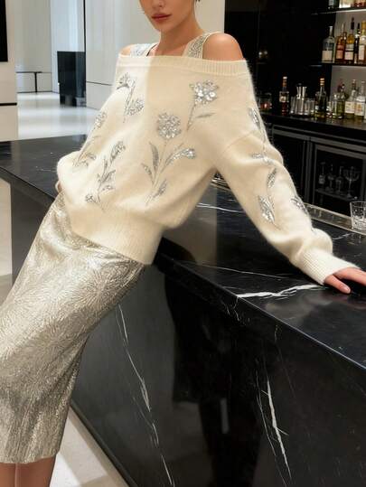 Women's Casual Elegant Lazy Style Heavy Flower Sequin Embroidery Round Neck Drop Shoulder Long Sleeve Solid Color Knitted Pullover Sweater, Spring Fall Winter,Spring Break Outfits,Winter Clothes,Carnival Costume,Elegant Dresses For Party,Elegant Dress Women,Casual Blouses For Women,Shiny Top,