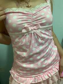 Women's Double Lined Square Neck Tank Top Polka Dot Lace Trim Front Bow Tie Cute Tops Sleeveless Basic  Y2K Going Out Tops - 粉色 - 查看 3