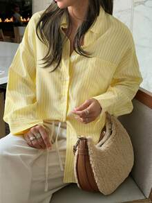 Look Polly Women's Christmas Halloween Striped Long Sleeve Shirt,Single Breasted Casual Fashion, Fall Women Clothes, Pocket Design, Back To School Clothes, Old Money Style Women Striped Shirt Outfit Winter Clothesshirt Butter Yellow Shirt