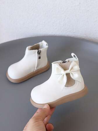 1 par de botas planas con cremallera y decoración de lazo para niñas/niños, estilo lindo y dulce, botas cortas de cuero para uso diario, otoño/invierno, fiesta de cumpleaños y ocasiones sociales [Elija el tamaño según la medición real en cm]