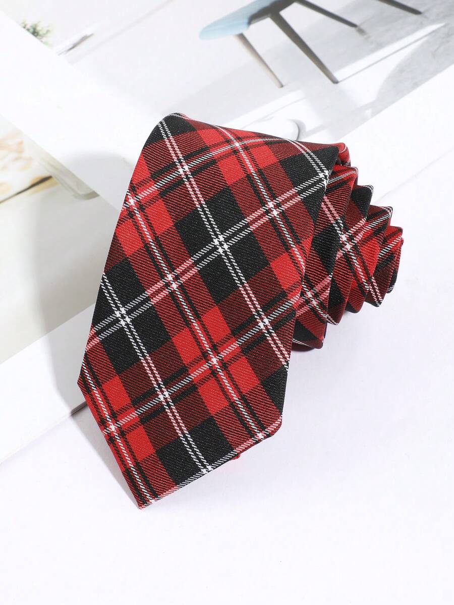 1pc Men's Red Plaid Striped Textured Pattern Necktie, Suitable For School, Festivals, Dates, Weddings, Hosting, And Daily Wear - Red - View 1