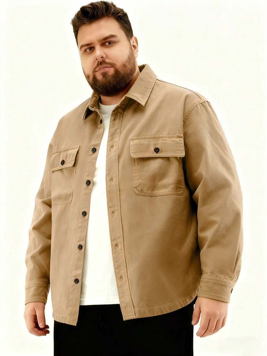 加大码男士纯色衬衫外套，户外休闲卡其色长袖衬衫，工装风长袖衬衫 - 卡其色 - 查看 1