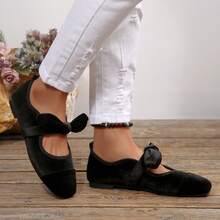 New Low Vamp Versatile Bow Decor French Soft Leather Square Toe Flat Shoes, Spring/Summer,Ballet Flats - Black - View 3