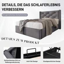 Lit Simple Hydraulic Rembourré 90x200cm, Sommier à Lattes En Métal, Cadre De Lit Moderne With Space De Rangement, Cotton, Gris - 灰色 - 查看 7
