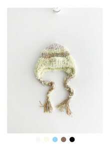 Cute Cat Ear Colorful Knitted Beanie Hat For Women, Solid Color Witch Knitted Bucket Hat With Pom Pom, Braided Trapper Earflap Hat, Versatile Handmade Knit Bucket Hat With Tie - Color Stripes - View 15