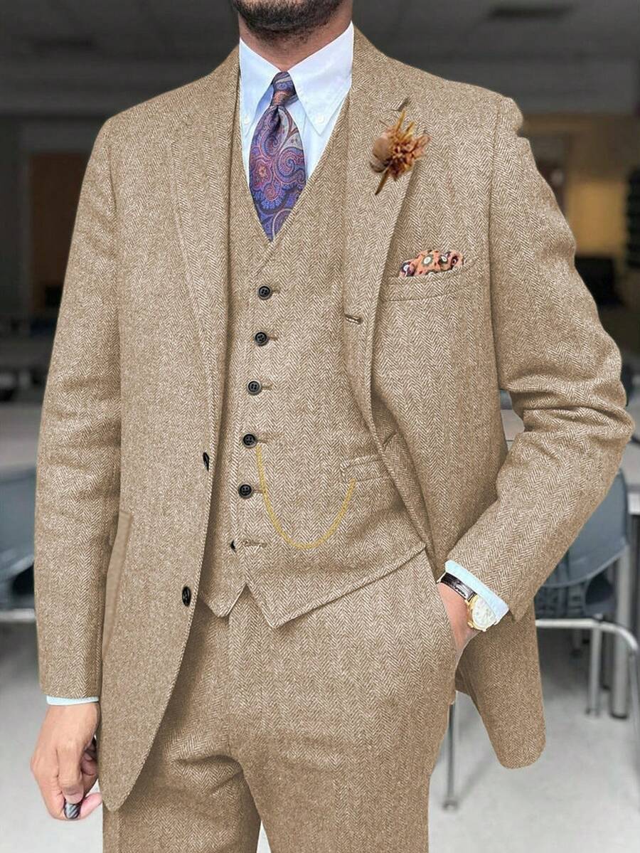 Traje de lana para hombres color champán de 3 piezas, traje de espiguilla vintage retro de corte slim, formal clásico, para negocios y uso diario - Champán - Ver 1