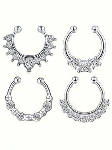 4pcs/Set Punk Style Stainless Steel White Zirconia Inlaid Clip-On Fake Nose Ring - 10mm Inner Diameter, Unisex, Suitable For Daily Wear And Festivals - Fake Septum Rings - View 8