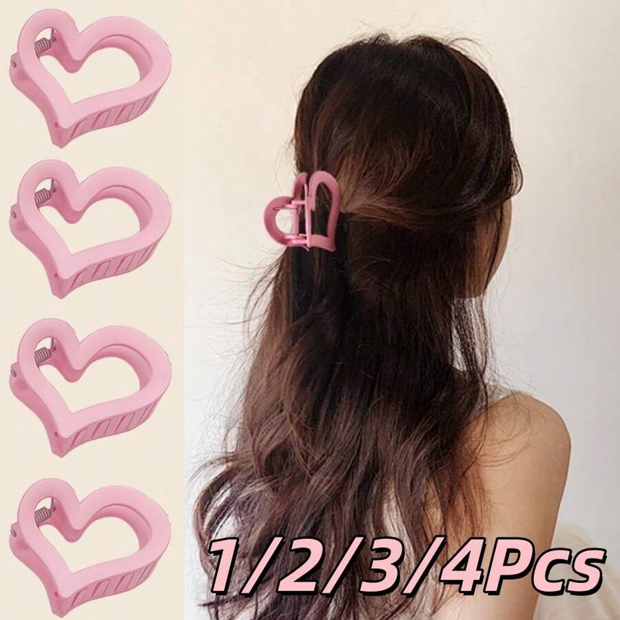 1pc/2/3/4pcs Minimalist Heart-Shaped Pink Claw Clips - Daily Commute Practical Hair Accessories Valentine's Day Couple Hair Clips Women Hair Claw Hair Clutch - Pink - View 1
