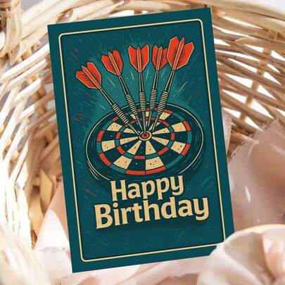 1 buah Kartu Ucapan Selamat Ulang Tahun Bergambar Papan Dart dengan Sasaran dan Anak Panah Merah, Dilengkapi Amplop, Desain Permainan Target Retro, Sempurna untuk Merayakan Momen Spesial, Cocok untuk Teman, Kolega, Anggota Keluarga, Ide Hadiah Pesta Ulang Tahun