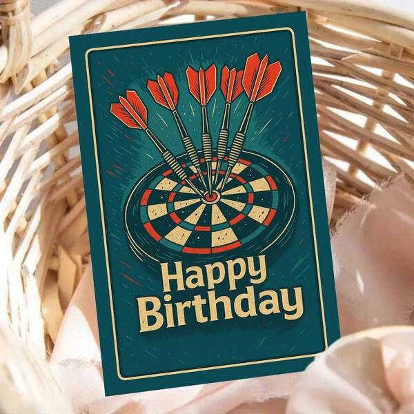 1pc Happy Birthday Dartboard With Bullseye And Red Darts Card Greeting Card With Envelope Retro Target Game Design Perfect For Celebrating Special Moments, Great For Friends, Colleagues, Family Members, Birthday Party Gift Idea