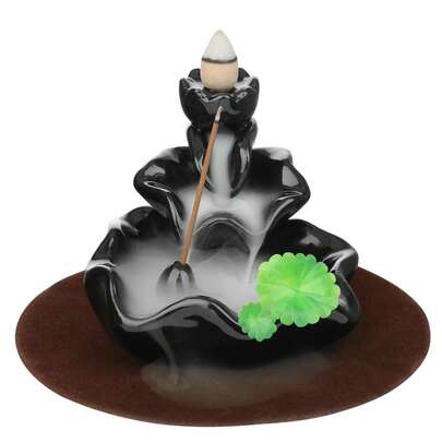Incense Holder Waterfall Incense Burner Ceramic Backflow Zen Incense Fountain Machine Diffuser Burner Cone Holder For Spiritual Aromatherapy Gifts Set Home Decor With 1pc Villus Pad, Simulation Lotus Leaf