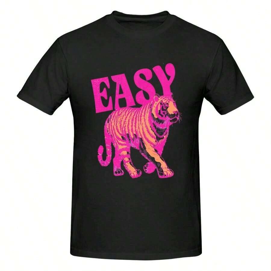 Easy Tiger Shirt, Di Tiger Boxy , Vintage Tigers Crop Top, Easy Tiger , Retro Tiger , Easy Tiger T-Shirtcotton220g High-Quality Pure Vintage Cotton T-Shirt Summer Outfits For Women Graphic Tees With Minimalist Printing, Soft And Breathable Fabric, Comfortable And Loose, Suitable For All Day Wear, Suitable For Office Casual Wear, Spring And Summer Daily Appearance, Elegant And Youthful Design-Unisex Summer Casual Vintage Cotton Printed T-Shirts For Couples - 黑色 - 查看 1