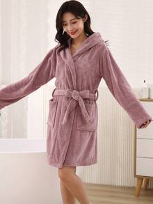 1 pièce Peignoir court sexy pour femme avec poches, capuche épaisse, doux et absorbant, de couleur unie avec ceinture à nouer à la taille - Rose cuivré - Voir 6