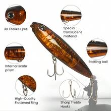 3pcs Amazing Paint Coating Topwater Swimbaits, Bass Fishing Lures For Saltwater &Amp; Freshwater, Floating Pencil Plop... - 虹彩光澤 - 查看 5