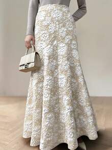 Váy đuôi cá dài họa tiết hoa thanh lịch cho nữ cỡ lớn, phù hợp mọi mùa - Màu be - Xem 3