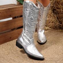 Women's Western Cowboy Boots – Mid Calf Cowgirl Embroidered Pointed Toe Chunky Heel Pull-On Knee High Boots For Fall & Winter, Comfortable Riding Boots - Bạc - Xem 4