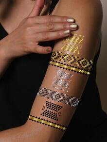 2 Sheets Body Art Temporary Tattoos Suitable For Women Or Men, Gold Foil Tattoos, European And American Style Geometric And Eye Patterns, Waterproof Fake Tattoos, Lasting 2-5 Days, Can Be Used On Hands, Arms, Neck, Shoulders, Chest, Waist, Legs, And Back, Suitable For Festivals, Parties, Gifts, Vacations, Music Festivals,Body Decoration. - Multicolor - View 2