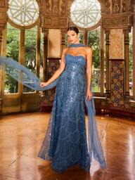 Faeriesty Haute Glamour Luxury Beaded Sequin Sparkly Mermaid Evening Gown With Sheer Tulle Shawl, Intricate Fish-Scale Beadwork | Luxe Elegant Formal Design | Perfect For Red-Carpet Events, Weddings, Galas, And Upscale Evening Parties​ For Women